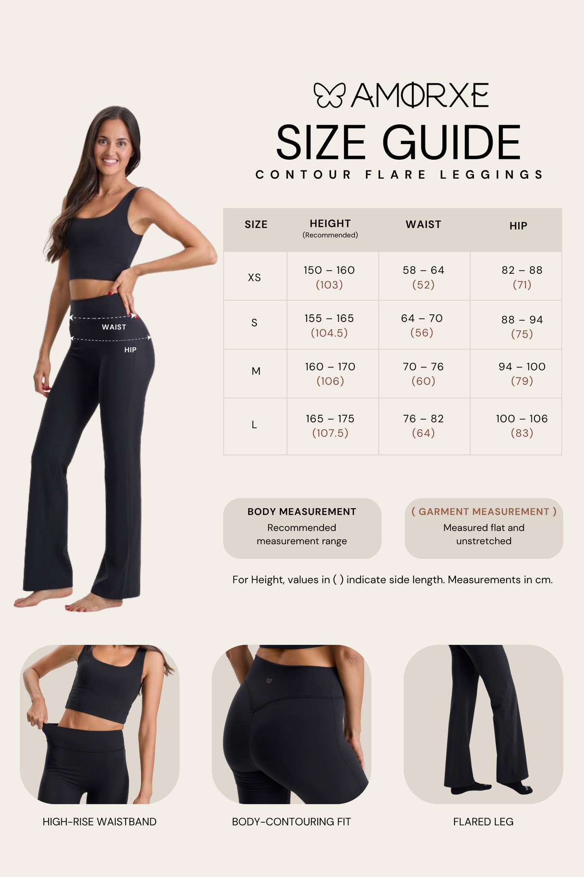 Contour Flare Leggings size chart