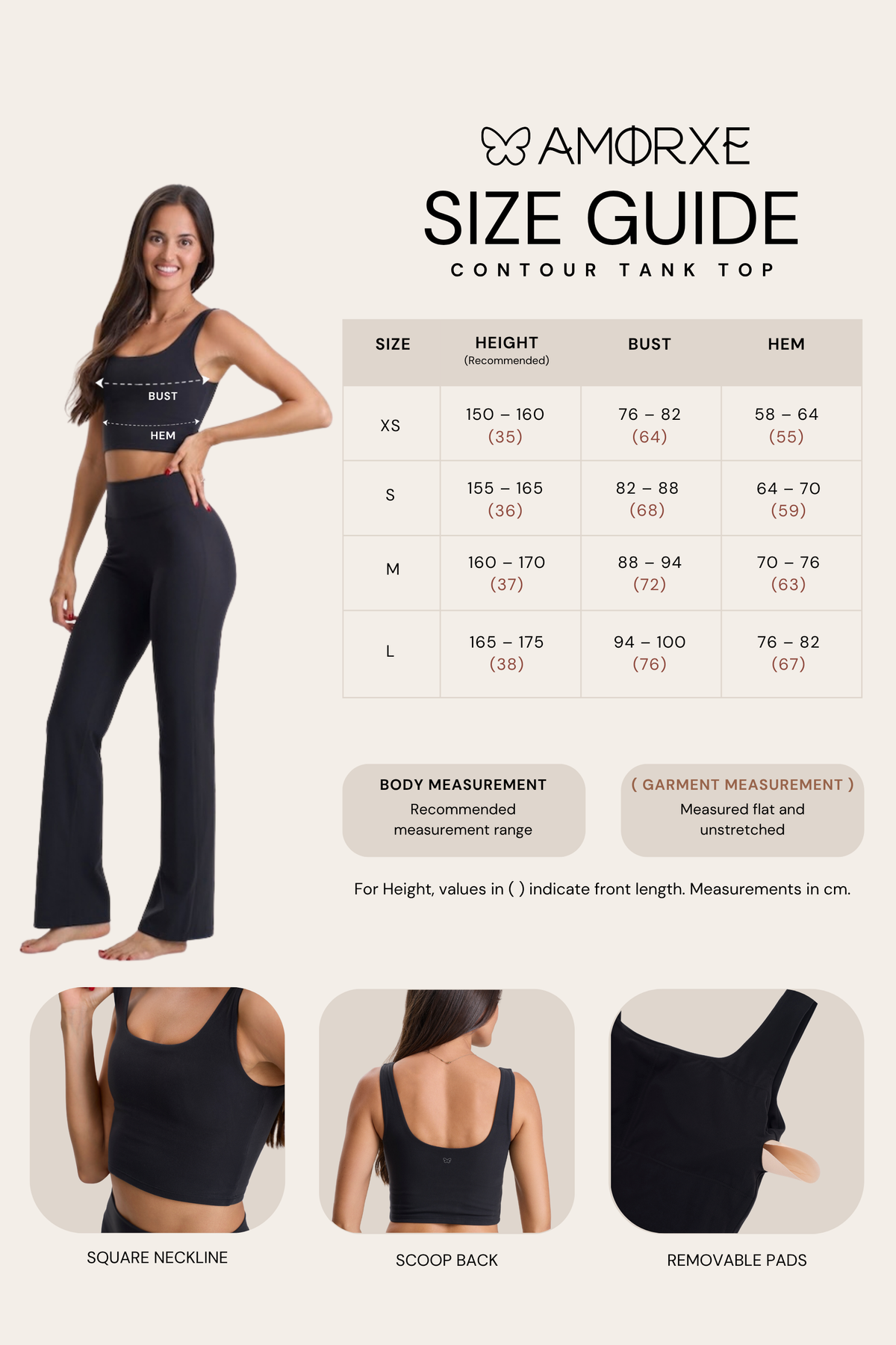 Contour Tank Top size chart