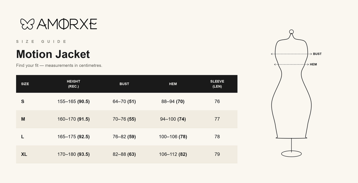 Motion Jacket size chart