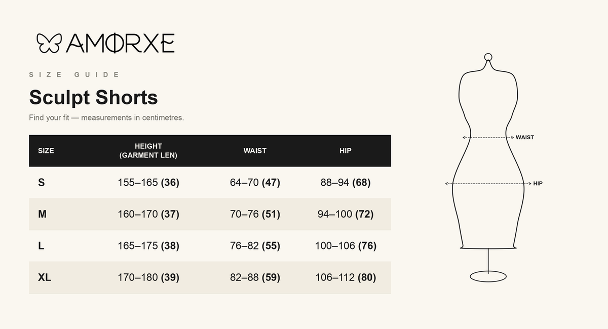 Sculpt Shorts size chart